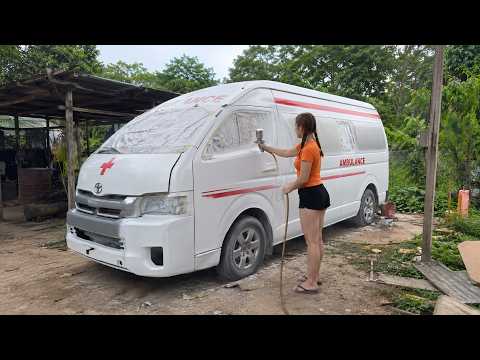 The girl repaired and restored a rusty CIX car into a useful ambulance.