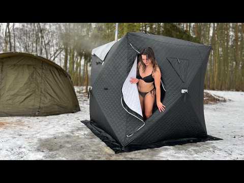 Solo Girl Winter Camping ❄️ Frozen Lake, Hot Sauna & Cold Plunge Adventure🔥#camping #outdoors #asmr