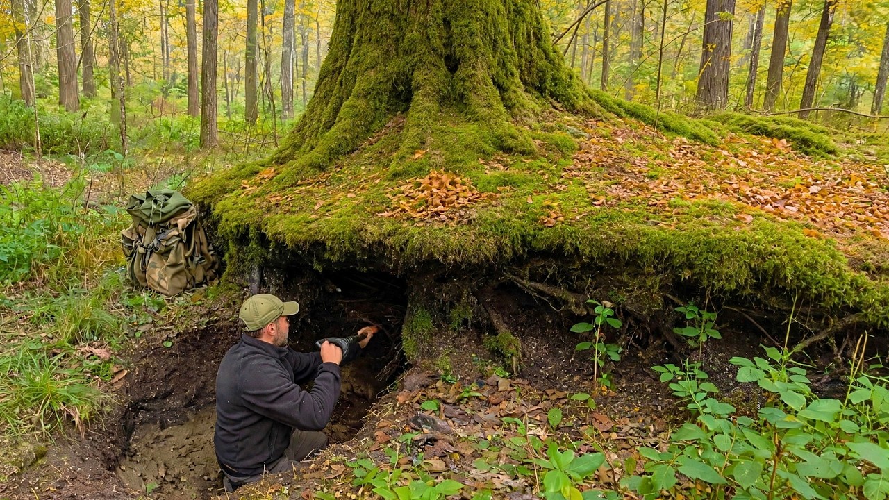 Man Builds HIDDEN SHELTER Inside HUGE Tree Root | Start to Finish by @PolissyaBushcraft