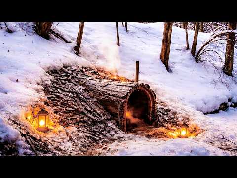 Building a Warm and Cozy Dugout for Survival. Log Shelter, Secret cave in the hill. Winter Bushcraft