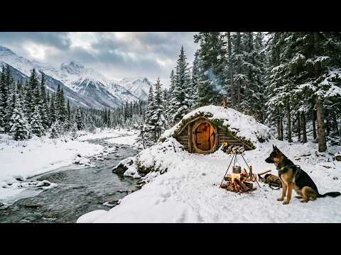 Winter camping with my dog | Building off grid hobbit style bushcraft shelter