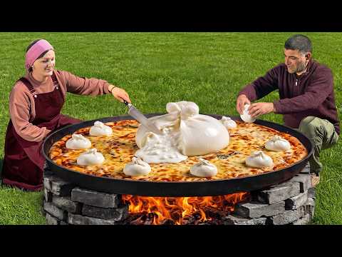 Huge Pizza With Homemade Cheese For A Village Feast!