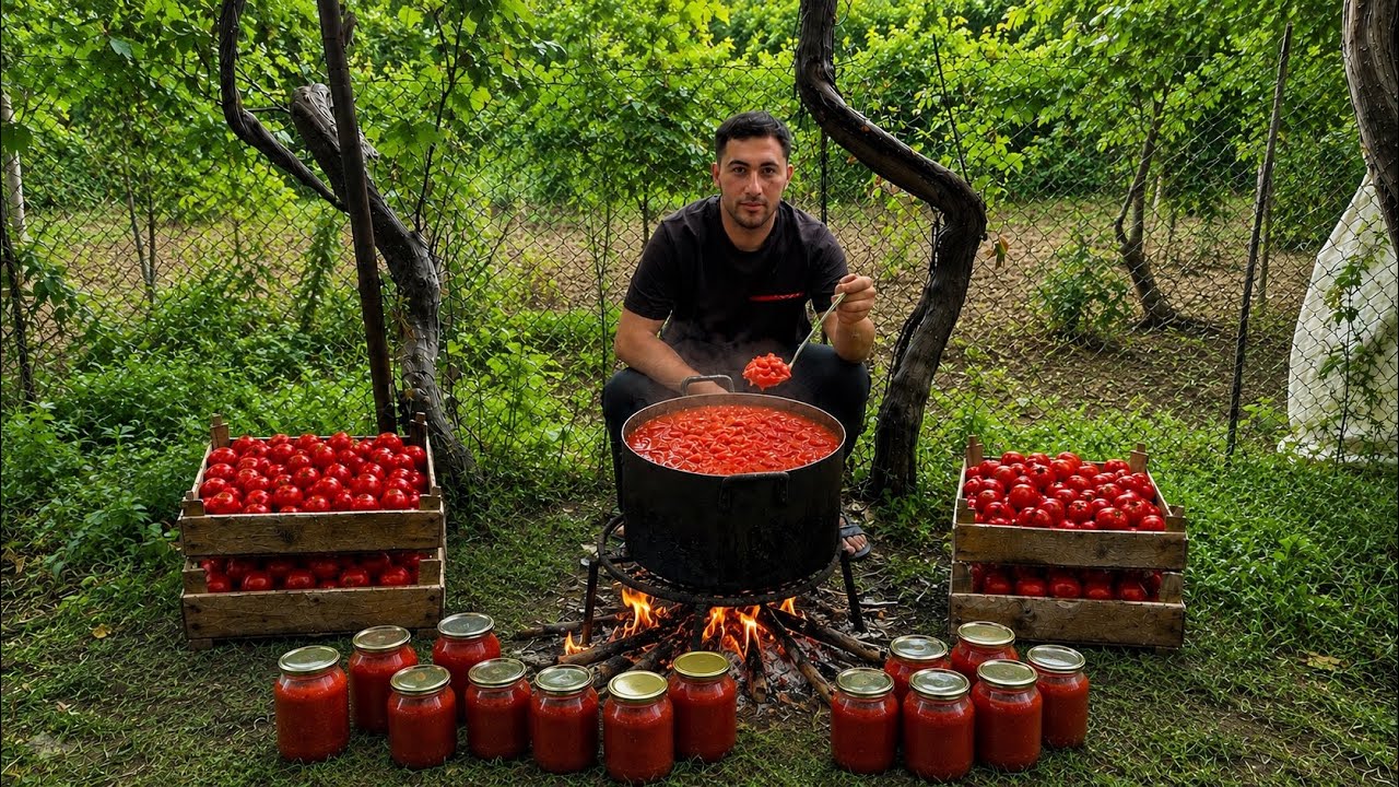 🍅 Harvesting Fresh Garden Tomatoes & Making Traditional Winter Tomato Sauce | Wood Fire Cooking