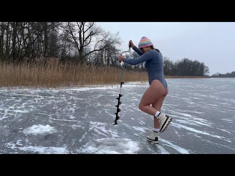 Ice Girl Drilling Holes with a Hand Auger ❄️ Solo Winter Ice Fishing Adventure 🎣#fishing #outdoors