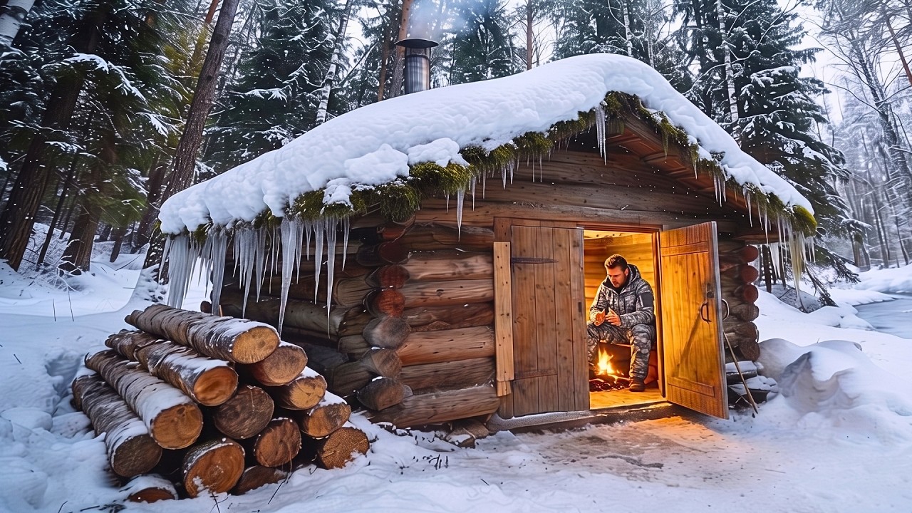 Man Builds A LOG CABIN Alone And Survives Heavy Snow | Relaxing ASMR By @outdoorlifeandcraft