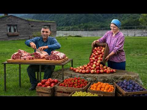 Traditional Village Life | Drying Fruits For Winter And Cooking Meat With Fruits