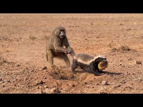 Baboon Robs Honey Badger Of His Hard Earned Meal