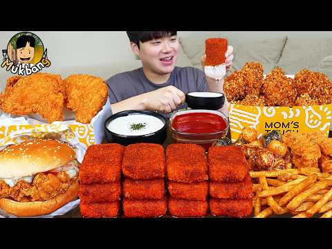 ASMR MUKBANG 맘스터치 양념 치킨먹방! 치즈 햄버거 치즈스틱 후라이드치킨 & 레시피 CRISPY FRIED CHICKEN CHEESE BURGER EATING SOUND!