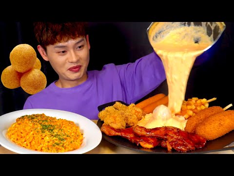 ASMR 불닭치즈퐁듀😋감자핫도그 닭다리구이 까르보불닭볶음면 먹방!Spicy Cheese Falls With Corn Dog Fried Chicken Sausage MuKBang!