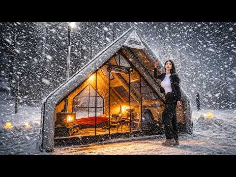CAMPING IN HEAVY SNOW WITH A TRACTOR IN A NEW INFLATABLE TENT