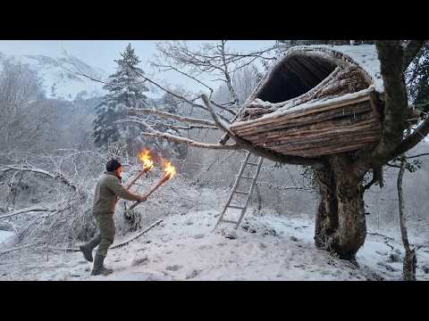 Solo Winter Survival in a Woven Tree Shelter (Primal Camping)