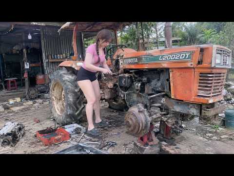 The process of a genius girl repairing and restoring the entire mechanism of an agricultural tractor