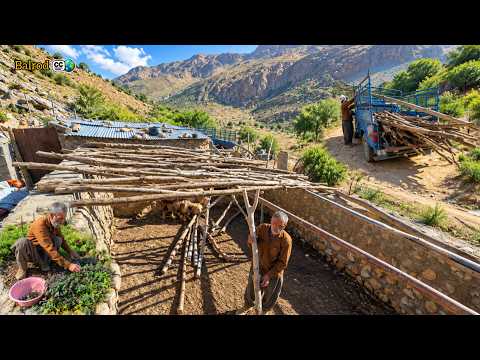 Building a wooden sheep shelter roof; preparing for autumn rain and snow