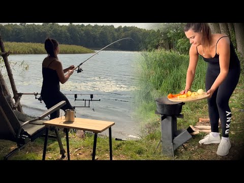 Girl Fishing Alone On Lake | Fishing, Cooking, Relaxing with Nature ASMR #outdoors #bushcraft #solo