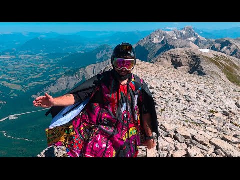 Shredding across an alpine meadow in a Wingsuit