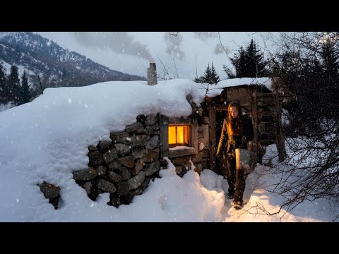 Alone in a Stone Hut During a Snowstorm | Solo Night, Wood Stove ASMR